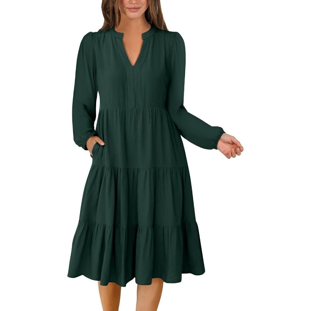 Long Sleeve Midi Dress Women V Neck Loose Fit Flowy Boho Vacation Spring Fall